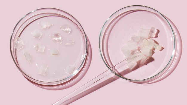 Aloe vera and cosmetic ingredients aloe petri dishes cosmetic research sliced aloe aloe juice gel cream on a pink background