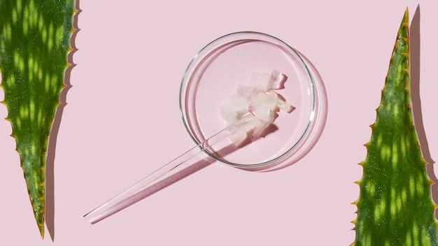 Aloë vera en cosmetische ingrediënten aloë petrischalen cosmetisch onderzoek gesneden aloë aloë sap gel crème op een roze achtergrond