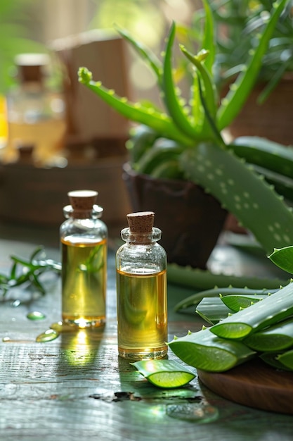 Aloe Vera extract in a small bottle and pieces on the table Selective focus Generative AI