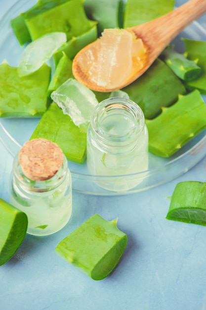 Aloe Vera extract in a small bottle and pieces on the table. Selective focus.