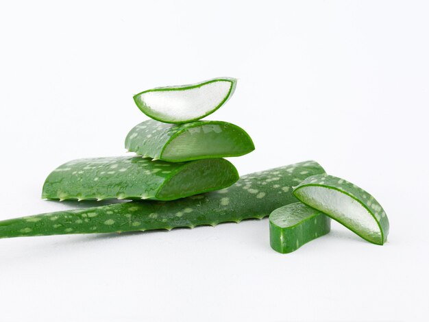 Aloe vera fresh wet leaves and slices on white background