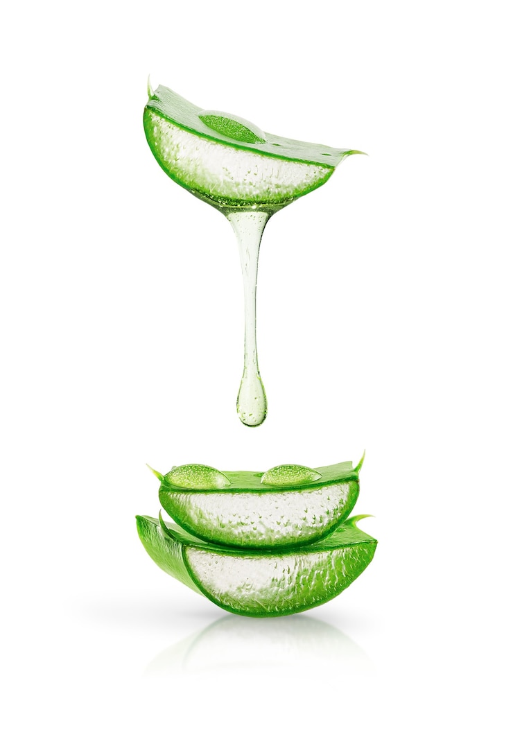 Photo aloe vera gel dripping over sliced leaves isolated on white background. skin and body care