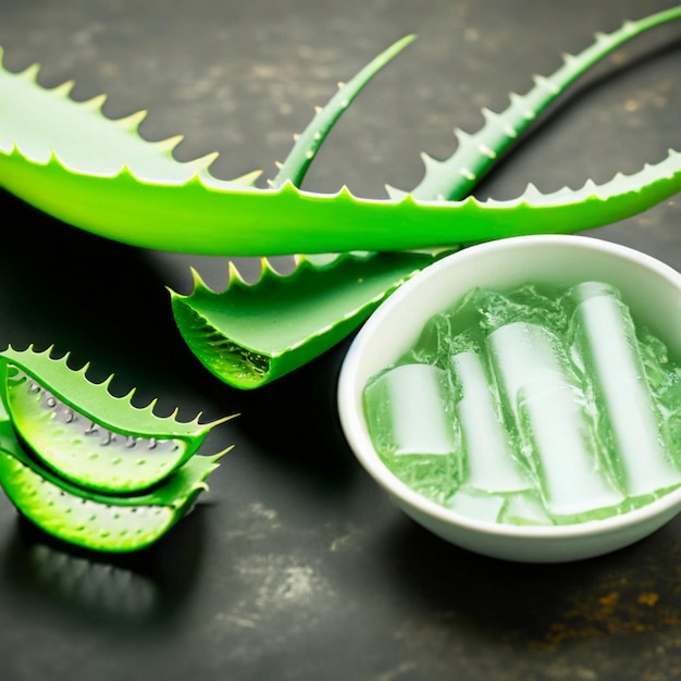 Photo aloe vera gel on a wooden background natural gel and aloe leaves close up