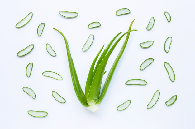 Aloe vera is a popular medicinal plant for health and beauty,\
white background.