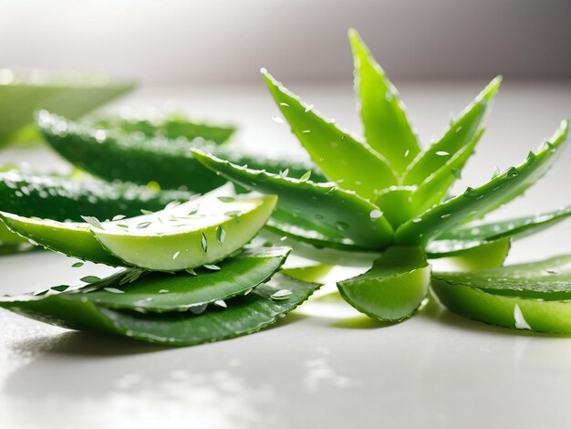 Photo aloe vera leaves and slices on white background