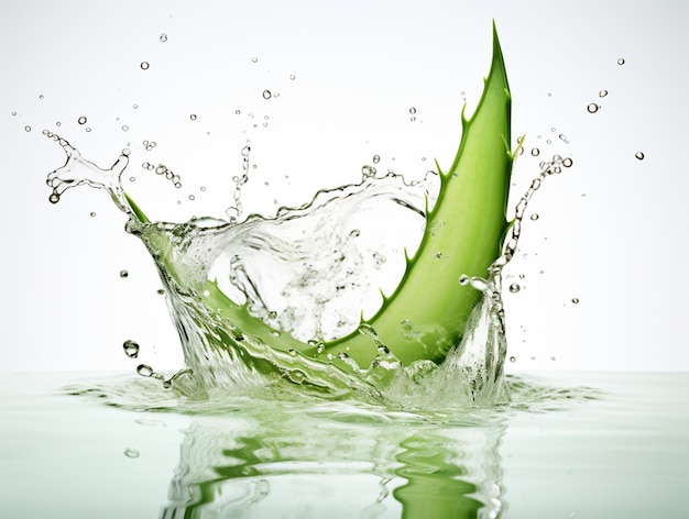 Photo aloe vera leaves in water splash on isolated background