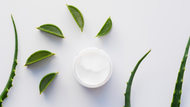 Aloe vera leaves with a beauty cream bottle