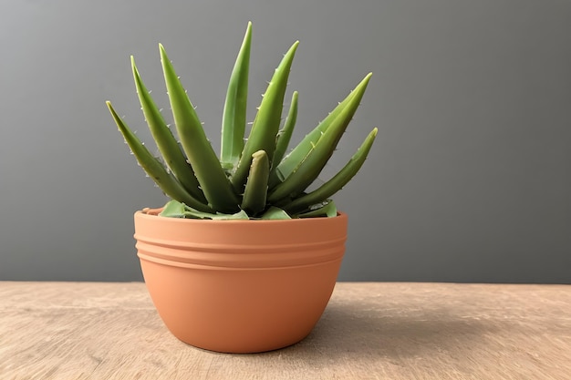 Aloe vera plant in a pot with a grey background