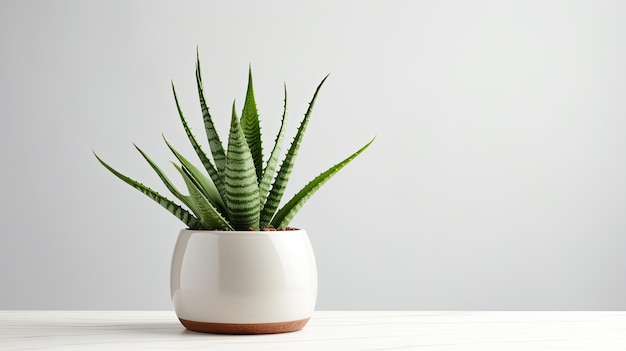 Aloe vera in pot on white table place for text copy space