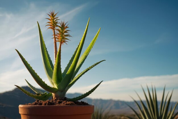 Photo aloe vera in a pot with a clear sky in the background