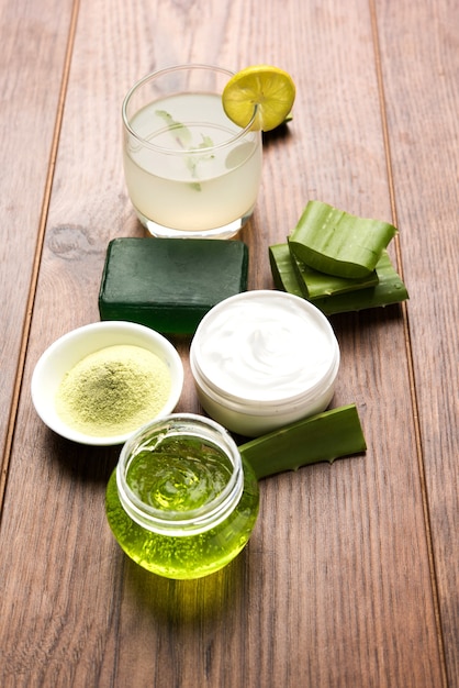 Aloe vera products like gel, juice, moisturising cream, soap, powder