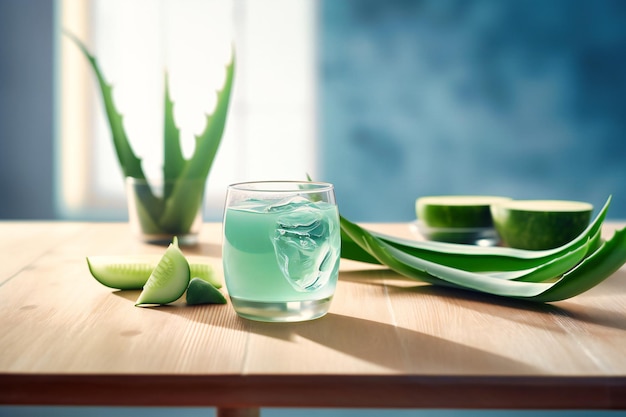 Aloe vera sap met snijden gesneden op een houten tafel