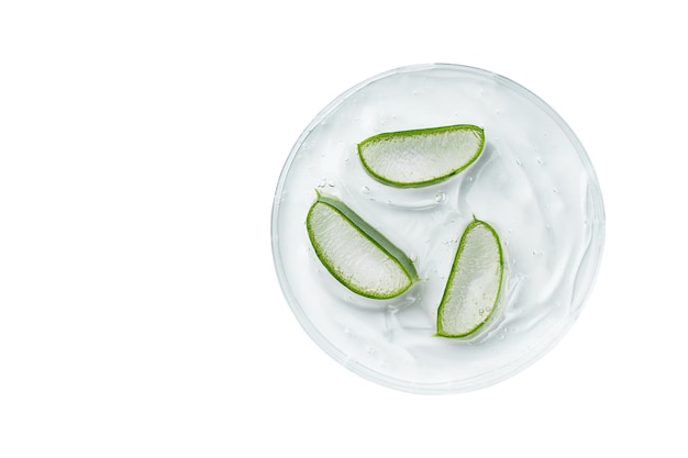 Aloe Vera slices with aloe gel on petri dish on white background Aloe vera herbal medicine