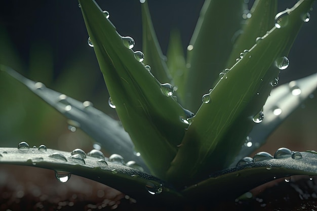 빗방울이 있는 알로에 베라 알로에의 녹색 잎 클로즈업 Generative AI
