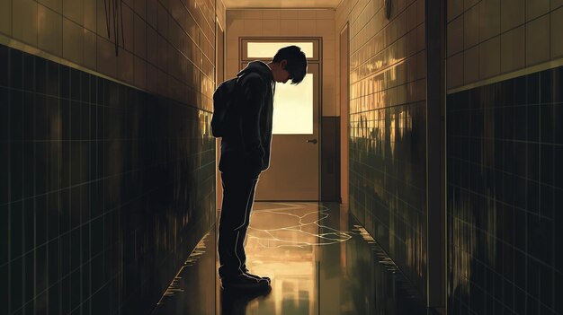 어려움 속 에 혼자 있는 학교 소년 의 투쟁