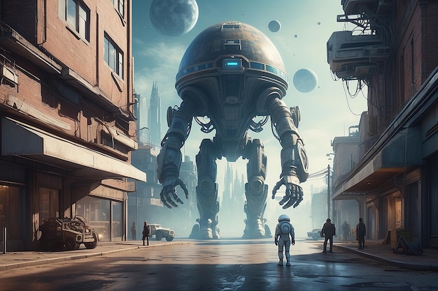외로운 우주비행사가 도시 거리에서 거대한 외계인 기계에 직면하는 레트로 공상과학 소설 장면의 3D 일러스트레이션