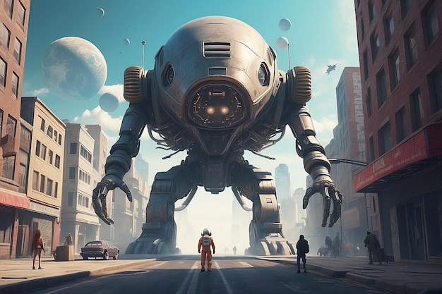 都市の通りで巨大なエイリアンマシンに直面する孤独な宇宙飛行士とレトロのSFシーンを描いた3Dイラスト