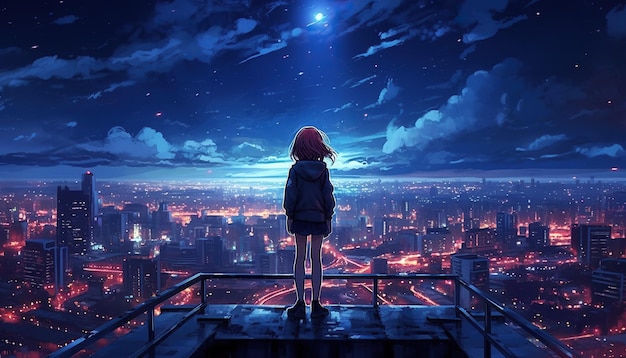 alone anime girl standing on building rooftop watching the city sky scrapers during night sky