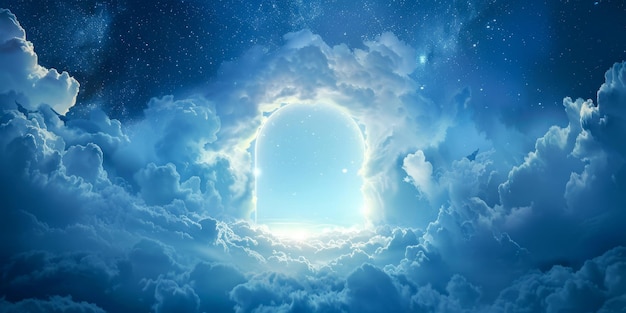 Одинокая дверь, открывающаяся в небо, окруженная мягкими волнистыми облаками и ореолом божественного света с контрастным спокойствием звездного ночного неба.