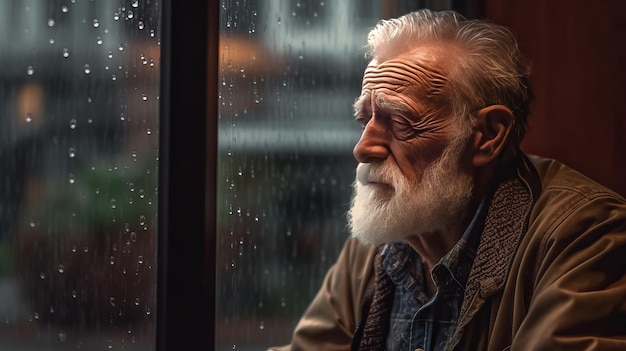 雨の滴が降る窓のそばで孤独な年配の男性