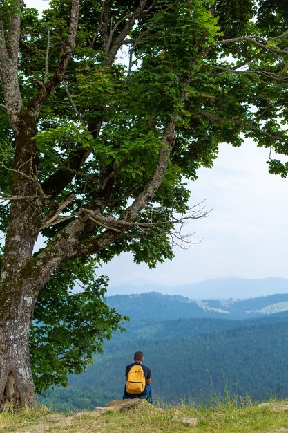 崖の上に座って、静かな緑の山々の風景を楽しむ一人の男。安心してリラックスしてください。