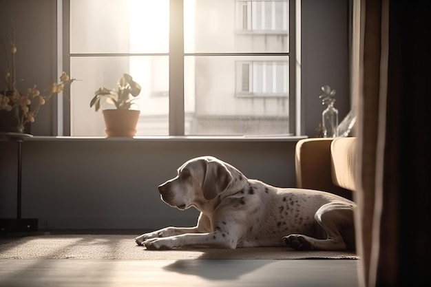 Alone at home white labrador lies near the sofa