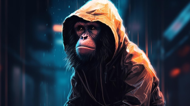 Alone macaque in cyberpunk style hoodie by graphic artist gilber