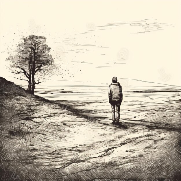 alone man pen and ink background space illustration