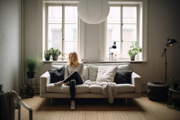 Photo alone millennial woman in her scandinavian living room at home lost social connections concept