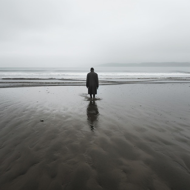 写真 ウォールペーパーの上に立つ孤独な海の日の出の人