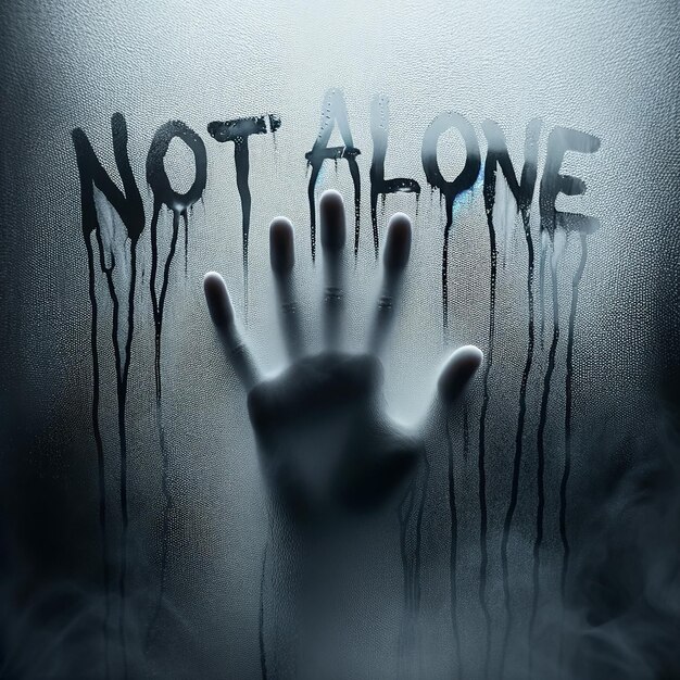 Not Alone Text on Misty Glass Eerie Handprint Sets a Haunting Atmosphere