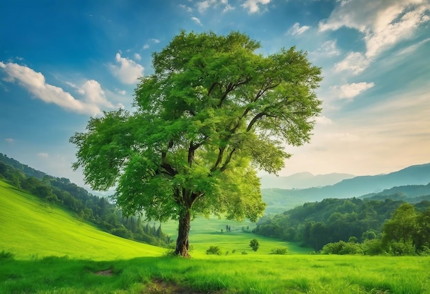 Foto albero solo sullo sfondo verde e blu della natura
