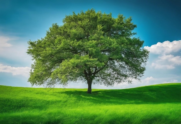 Alone tree in clear green and blue nature background