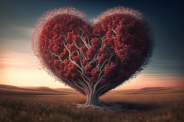 Alone tree in form of heart in the field