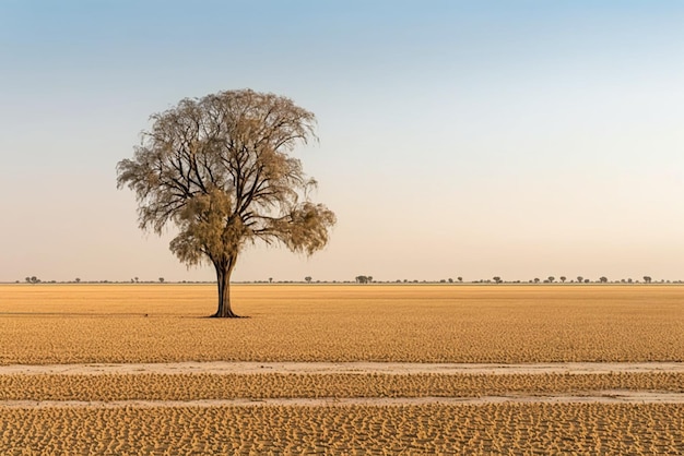 a Alone tree standing tall in the middle of a desert landscape