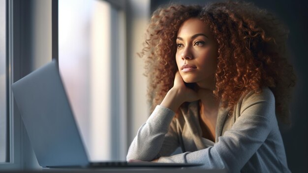 Photo alone woman looking out of window lost in deep thoughts