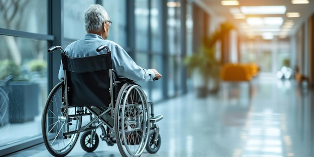 Along a hospital hallway an old man on a wheelchair with back view space Generative AI