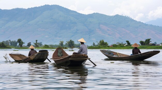 Along the tranquil waters of Inle Lake traditional Burmese fishermen ply their trade skillfully maneuvering their wooden boats with a distinctive onelegged rowing technique