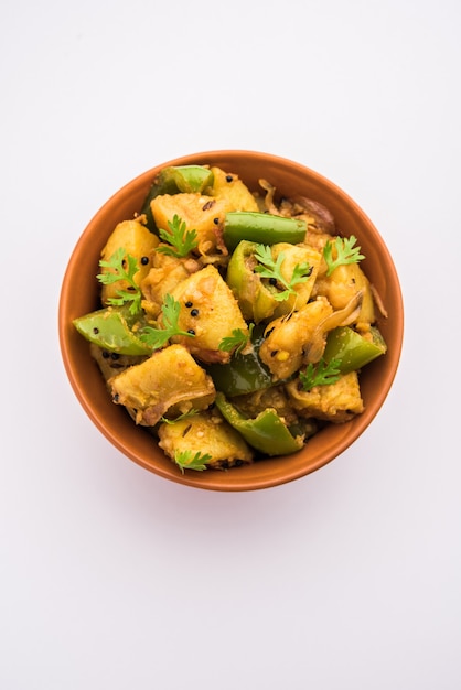 Aloo capsicum sabzi or potato and bell pepper sabji is an Indian vegetarian recipe for main course