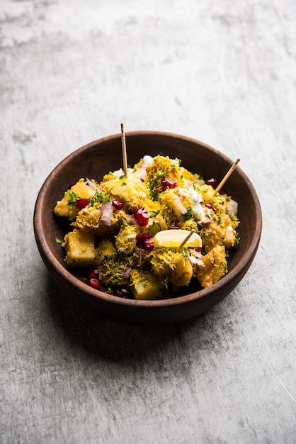 Aloo chaat or Alu chat is a popular street food originating from the Indian subcontinent, especially north India