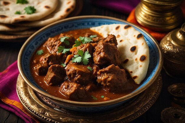 Foto aloo gosht servito con pane naan soffice