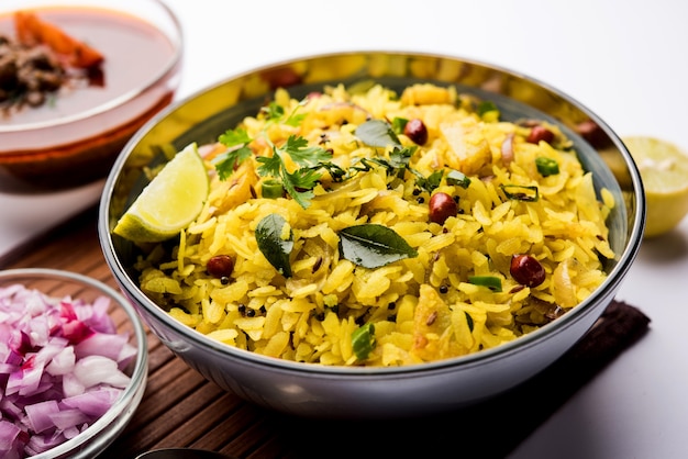 Aloo Kanda Poha or Tarri Pohe with spicy chana masala or curry