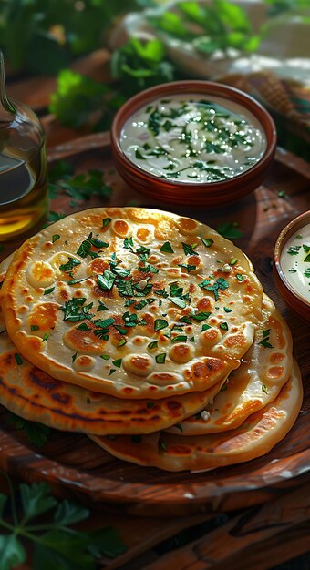 Aloo Paratha With Yogurt Flaky Paratha and Mint Raita Decora Illustration Food Drink Indian Flavors