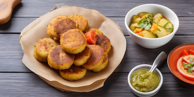 알루 티키 (Aloo tikki) 감자 패티 (Patties of potato) 는 나무 테이블 에 긴 채소와 여 있다.