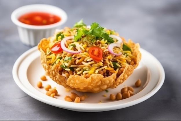 Aloo tokri chaat 또는 감자 바구니 채워진 채팅 인도 길거리 음식 Chaat