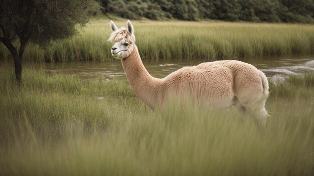 Photo alpaca amazing to see in river water flow front of grass