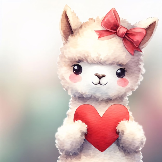 Photo alpaca animal holding a red heart love card illustration