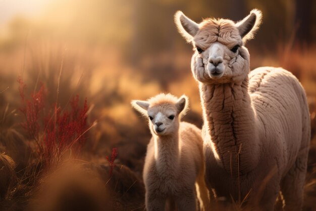 Alpaca en nakomelingen staan op bruin gras