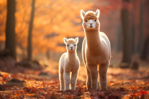 Alpaca en nakomelingen staan op bruin gras