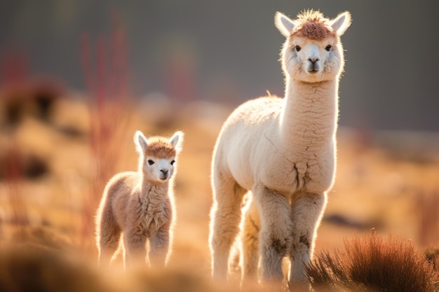 Alpaca en nakomelingen staan op bruin gras